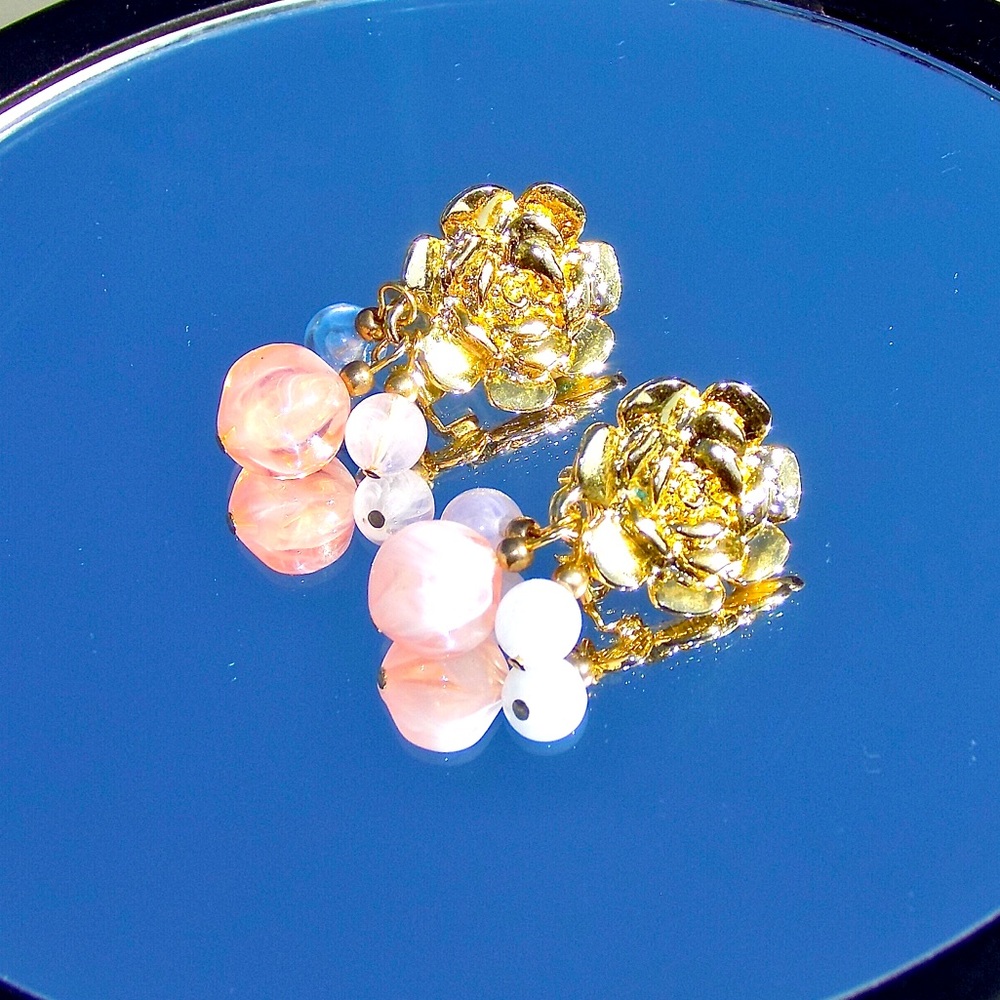 Gold Rose Clip On Earrings with Hanging Stones